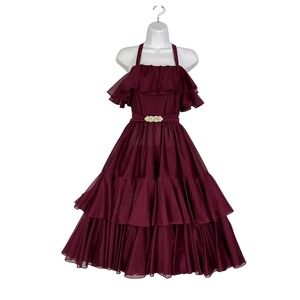 Vintage Lilli Diamond Burgundy Ruffle Tiered Halter Cocktail Dress Rhinestone XS